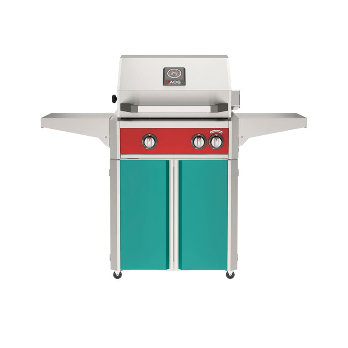 American Outdoor Grill 24" L-Series Portable Gas Grill with red accent panel and teal accent panel cart base, large analog thermometer and push-button electronic ignition with backlit comfort-touch control knobs.