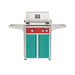 American Outdoor Grill 24" L-Series Portable Gas Grill with red accent panel and teal accent panel cart base, large analog thermometer and push-button electronic ignition with backlit comfort-touch control knobs.