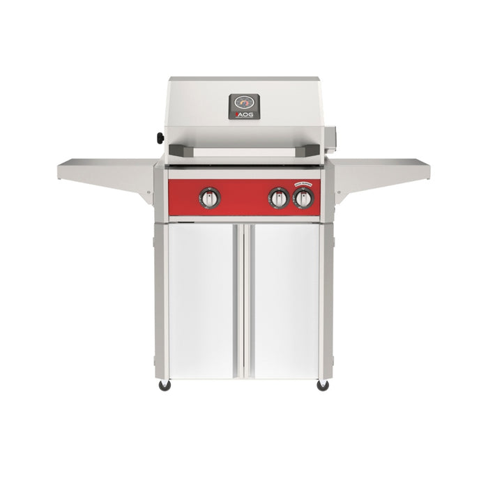 American Outdoor Grill 24" L-Series Portable Gas Grill with red accent panel and white accent panel cart base, large analog thermometer and push-button electronic ignition with backlit comfort-touch control knobs.