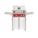 American Outdoor Grill 24" L-Series Portable Gas Grill with red accent panel and white accent panel cart base, large analog thermometer and push-button electronic ignition with backlit comfort-touch control knobs.