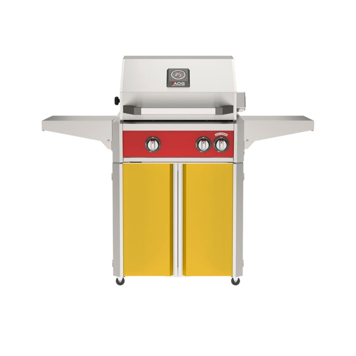 American Outdoor Grill 24" L-Series Portable Gas Grill with red accent panel and yellow accent panel cart base, large analog thermometer and push-button electronic ignition with backlit comfort-touch control knobs.