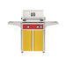 American Outdoor Grill 24" L-Series Portable Gas Grill with red accent panel and yellow accent panel cart base, large analog thermometer and push-button electronic ignition with backlit comfort-touch control knobs.