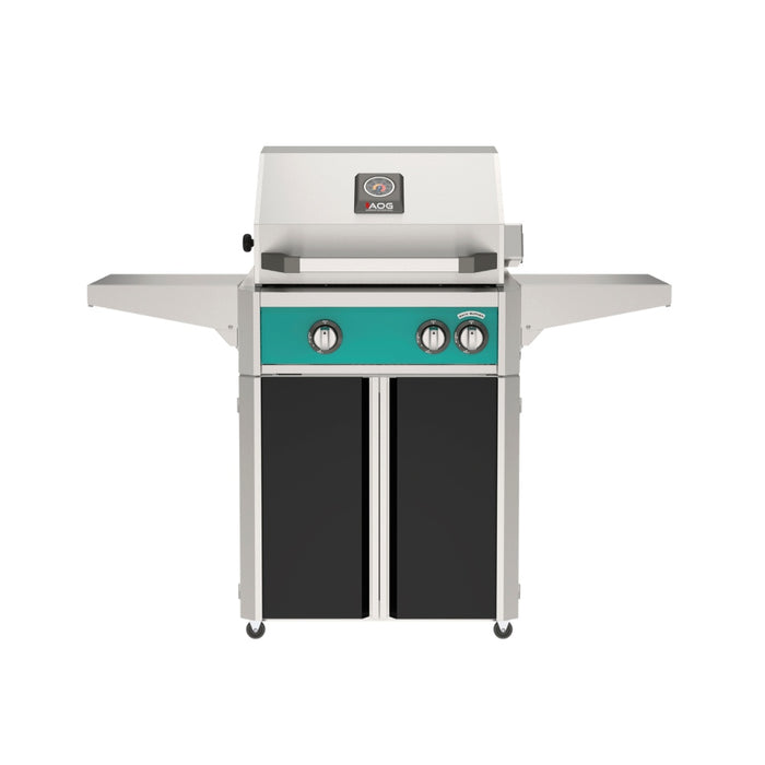 American Outdoor Grill 24" L-Series Portable Gas Grill with teal accent panel and black accent panel cart base, large analog thermometer and push-button electronic ignition with backlit comfort-touch control knobs.
