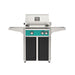 American Outdoor Grill 24" L-Series Portable Gas Grill with teal accent panel and black accent panel cart base, large analog thermometer and push-button electronic ignition with backlit comfort-touch control knobs.