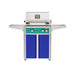 American Outdoor Grill 24" L-Series Portable Gas Grill with teal accent panel and blue accent panel cart base, large analog thermometer and push-button electronic ignition with backlit comfort-touch control knobs.