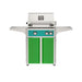 American Outdoor Grill 24" L-Series Portable Gas Grill with teal accent panel and green accent panel cart base, large analog thermometer and push-button electronic ignition with backlit comfort-touch control knobs.