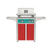 American Outdoor Grill 24" L-Series Portable Gas Grill with teal accent panel and red accent panel cart base, large analog thermometer and push-button electronic ignition with backlit comfort-touch control knobs.