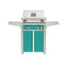 American Outdoor Grill 24" L-Series Portable Gas Grill with teal accent panel and teal accent panel cart base, large analog thermometer and push-button electronic ignition with backlit comfort-touch control knobs.