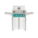 American Outdoor Grill 24" L-Series Portable Gas Grill with teal accent panel and white accent panel cart base, large analog thermometer and push-button electronic ignition with backlit comfort-touch control knobs.