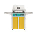 American Outdoor Grill 24" L-Series Portable Gas Grill with teal accent panel and yellow accent panel cart base, large analog thermometer and push-button electronic ignition with backlit comfort-touch control knobs.