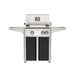 American Outdoor Grill 24" L-Series Portable Gas Grill with white accent panel and black accent panel cart base, large analog thermometer and push-button electronic ignition with backlit comfort-touch control knobs.