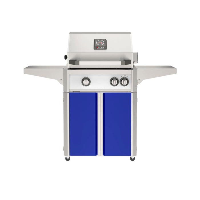 American Outdoor Grill 24" L-Series Portable Gas Grill with white accent panel and blue accent panel cart base, large analog thermometer and push-button electronic ignition with backlit comfort-touch control knobs.