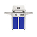 American Outdoor Grill 24" L-Series Portable Gas Grill with white accent panel and blue accent panel cart base, large analog thermometer and push-button electronic ignition with backlit comfort-touch control knobs.