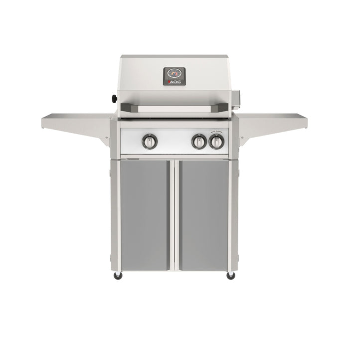 American Outdoor Grill 24" L-Series Portable Gas Grill with white accent panel and gray accent panel cart base, large analog thermometer and push-button electronic ignition with backlit comfort-touch control knobs.
