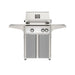 American Outdoor Grill 24" L-Series Portable Gas Grill with white accent panel and gray accent panel cart base, large analog thermometer and push-button electronic ignition with backlit comfort-touch control knobs.