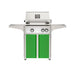 American Outdoor Grill 24" L-Series Portable Gas Grill with white accent panel and green accent panel cart base, large analog thermometer and push-button electronic ignition with backlit comfort-touch control knobs.