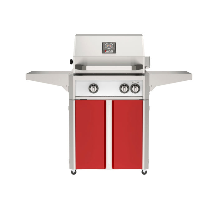 American Outdoor Grill 24" L-Series Portable Gas Grill with white accent panel and red accent panel cart base, large analog thermometer and push-button electronic ignition with backlit comfort-touch control knobs.