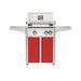 American Outdoor Grill 24" L-Series Portable Gas Grill with white accent panel and red accent panel cart base, large analog thermometer and push-button electronic ignition with backlit comfort-touch control knobs.