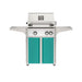 American Outdoor Grill 24" L-Series Portable Gas Grill with white accent panel and teal accent panel cart base, large analog thermometer and push-button electronic ignition with backlit comfort-touch control knobs.