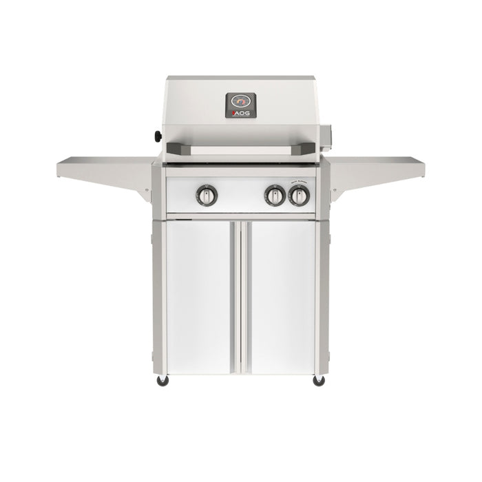 American Outdoor Grill 24" L-Series Portable Gas Grill with white accent panel and white accent panel cart base, large analog thermometer and push-button electronic ignition with backlit comfort-touch control knobs.