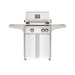 American Outdoor Grill 24" L-Series Portable Gas Grill with white accent panel and white accent panel cart base, large analog thermometer and push-button electronic ignition with backlit comfort-touch control knobs.