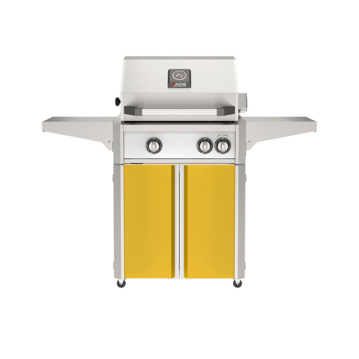 American Outdoor Grill 24" L-Series Portable Gas Grill with white accent panel and yellow accent panel cart base, large analog thermometer and push-button electronic ignition with backlit comfort-touch control knobs.