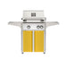 American Outdoor Grill 24" L-Series Portable Gas Grill with white accent panel and yellow accent panel cart base, large analog thermometer and push-button electronic ignition with backlit comfort-touch control knobs.