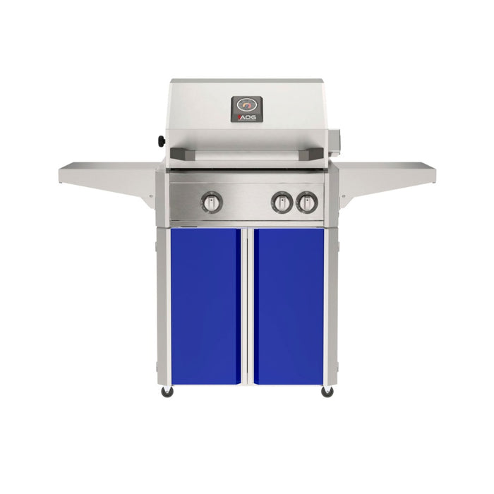 American Outdoor Grill 24" L-Series Portable Gas Grill with blue cart accent panel.
