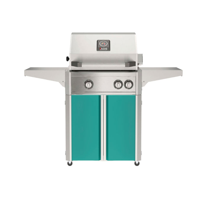 American Outdoor Grill 24" L-Series Portable Gas Grill with teal cart accent panel.
