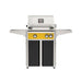 American Outdoor Grill 24" L-Series Portable Gas Grill with yellow accent panel and black accent panel cart base, large analog thermometer and push-button electronic ignition with backlit comfort-touch control knobs.