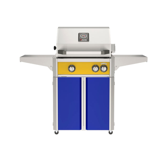 American Outdoor Grill 24" L-Series Portable Gas Grill with yellow accent panel and blue accent panel cart base, large analog thermometer and push-button electronic ignition with backlit comfort-touch control knobs.