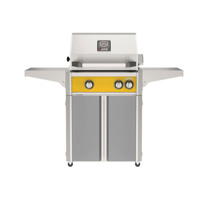 American Outdoor Grill 24" L-Series Portable Gas Grill with yellow accent panel and gray accent panel cart base, large analog thermometer and push-button electronic ignition with backlit comfort-touch control knobs.
