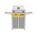 American Outdoor Grill 24" L-Series Portable Gas Grill with yellow accent panel and gray accent panel cart base, large analog thermometer and push-button electronic ignition with backlit comfort-touch control knobs.