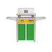 American Outdoor Grill 24" L-Series Portable Gas Grill with yellow accent panel and green accent panel cart base, large analog thermometer and push-button electronic ignition with backlit comfort-touch control knobs.