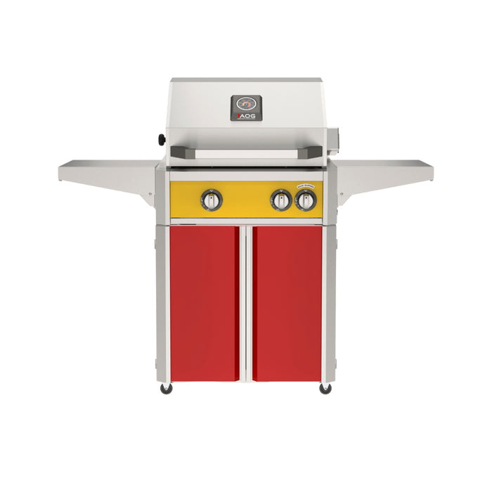 American Outdoor Grill 24" L-Series Portable Gas Grill with yellow accent panel and red accent panel cart base, large analog thermometer and push-button electronic ignition with backlit comfort-touch control knobs.