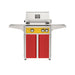 American Outdoor Grill 24" L-Series Portable Gas Grill with yellow accent panel and red accent panel cart base, large analog thermometer and push-button electronic ignition with backlit comfort-touch control knobs.