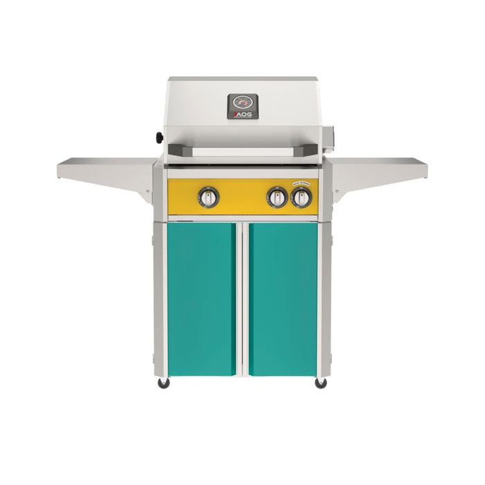 American Outdoor Grill 24" L-Series Portable Gas Grill with yellow accent panel and teal  accent panel cart base, large analog thermometer and push-button electronic ignition with backlit comfort-touch control knobs.