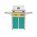 American Outdoor Grill 24" L-Series Portable Gas Grill with yellow accent panel and teal  accent panel cart base, large analog thermometer and push-button electronic ignition with backlit comfort-touch control knobs.