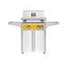 American Outdoor Grill 24" L-Series Portable Gas Grill with yellow accent panel and white accent panel cart base, large analog thermometer and push-button electronic ignition with backlit comfort-touch control knobs.