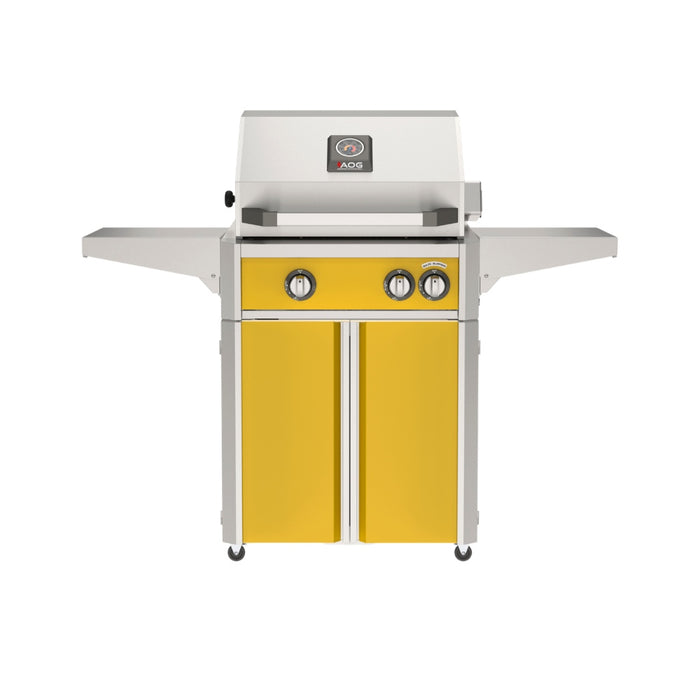 American Outdoor Grill 24" L-Series Portable Gas Grill with yellow accent panel and yellow accent panel cart base, large analog thermometer and push-button electronic ignition with backlit comfort-touch control knobs.