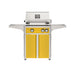 American Outdoor Grill 24" L-Series Portable Gas Grill with yellow accent panel and yellow accent panel cart base, large analog thermometer and push-button electronic ignition with backlit comfort-touch control knobs.