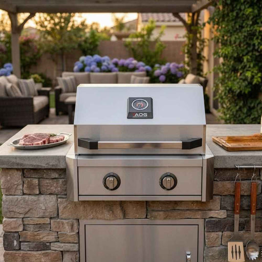 American Outdoor Grill 24" T-Series Built-In Gas Grill with stainless steel hood, built-in analog thermometer, an ergonomic front handle, and dual control knobs.