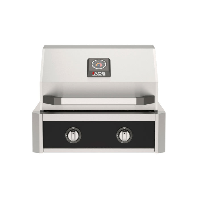 American Outdoor Grill 24" T-Series Built-in Gas Grill (black)— stainless steel grill head with diamond sear cooking grids and backlit comfort-touch control knobs.