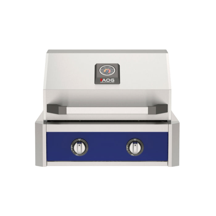 American Outdoor Grill 24" T-Series Built-in Gas Grill (blue)— stainless steel grill head with diamond sear cooking grids and backlit comfort-touch control knobs.