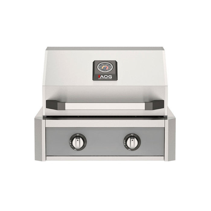 American Outdoor Grill 24" T-Series Built-in Gas Grill (gray)— stainless steel grill head with diamond sear cooking grids and backlit comfort-touch control knobs.