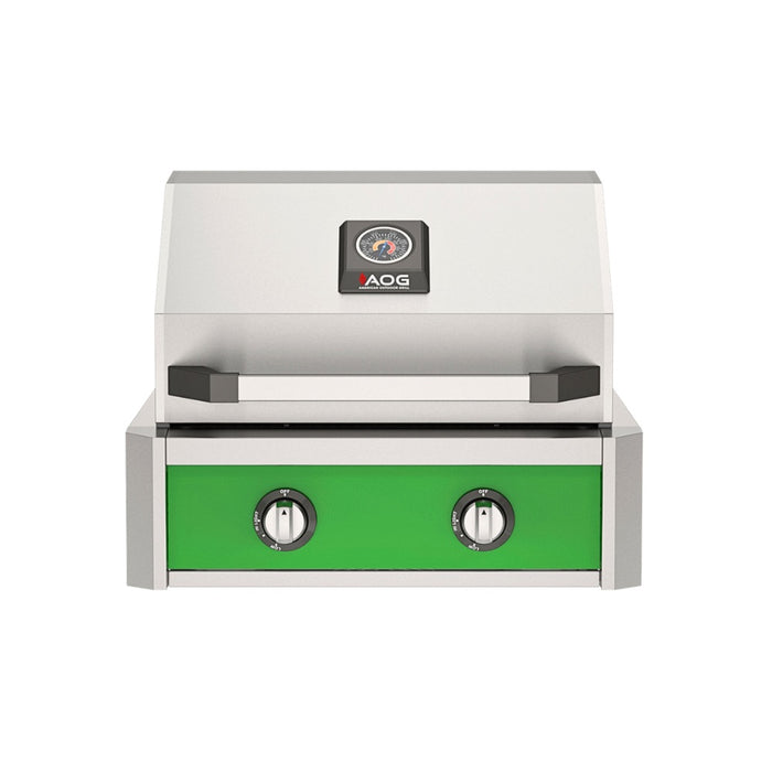 American Outdoor Grill 24" T-Series Built-in Gas Grill (green)— stainless steel grill head with diamond sear cooking grids and backlit comfort-touch control knobs.