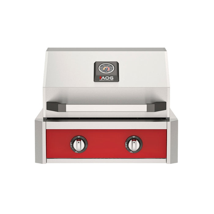 American Outdoor Grill 24" T-Series Built-in Gas Grill (red)— stainless steel grill head with diamond sear cooking grids and backlit comfort-touch control knobs.