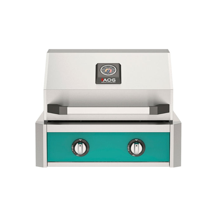 American Outdoor Grill 24" T-Series Built-in Gas Grill (teal)— stainless steel grill head with diamond sear cooking grids and backlit comfort-touch control knobs.