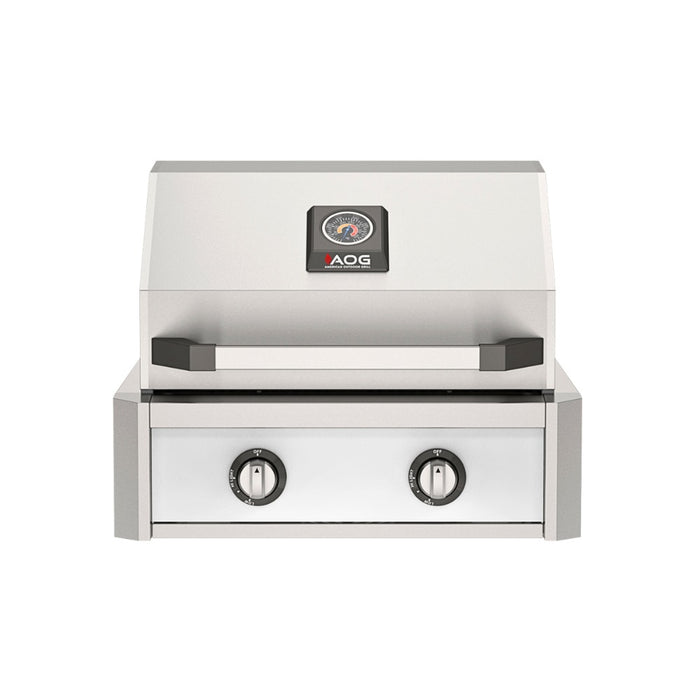 American Outdoor Grill 24" T-Series Built-in Gas Grill (white)— stainless steel grill head with diamond sear cooking grids and backlit comfort-touch control knobs.