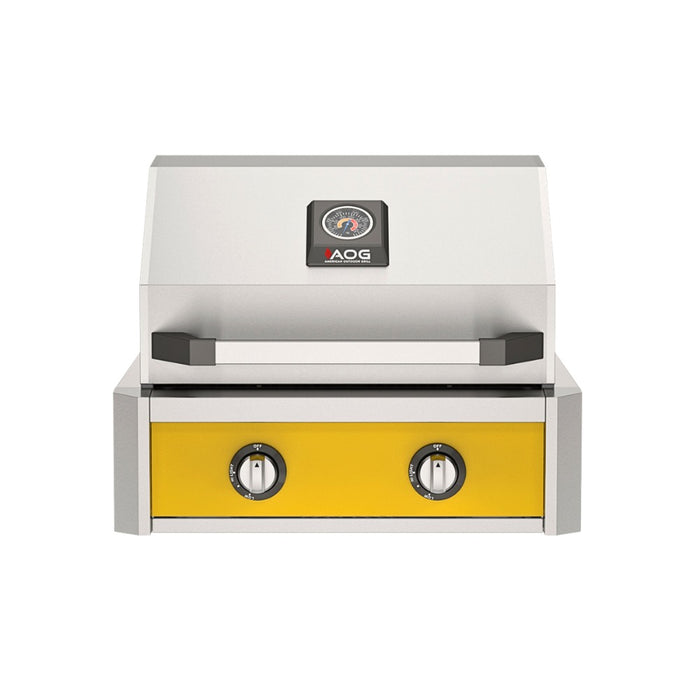 American Outdoor Grill 24" T-Series Built-in Gas Grill (yellow)— stainless steel grill head with diamond sear cooking grids and backlit comfort-touch control knobs.